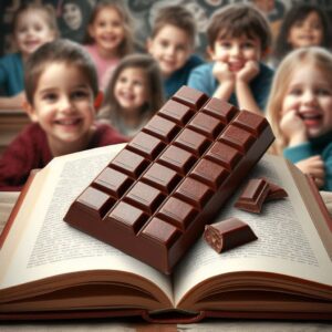 Anak-anak berbahagia dengan cokelat di atas buku terbuka, menggambarkan pelajaran hidup dari keseimbangan manis dan pahitnya kehidupan